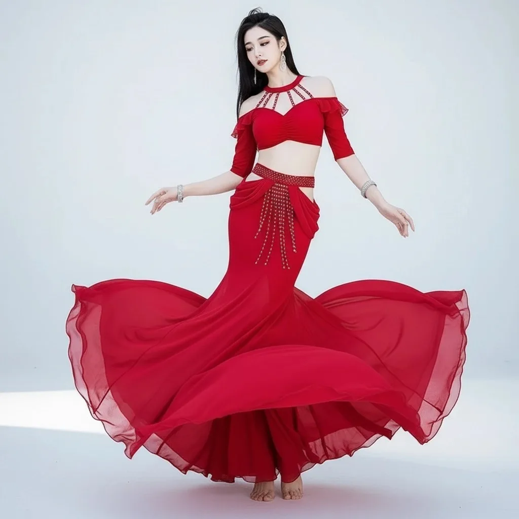 النساء الرقص الشرقي النمط الشرقي النساء مجموعة زي الفتيات التدريب الزي شيمي هامش الرسن براعم علوية ذيل السمكة التنانير الطويلة