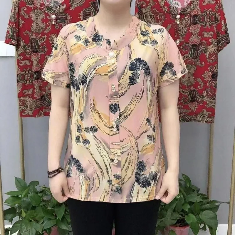 Summer New Style Elegant Stretch Short-sleeve Fashionable Mom's Outfit Middle-aged and Elderly Women's Loose Casual Base Shirt