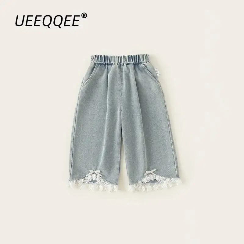 

Spring Autumn Children Jeans 1-10Y Girls Patchwork Lace Bow Straight Denim Pants Trousers Korean Toddler Wear For Kids Clothing