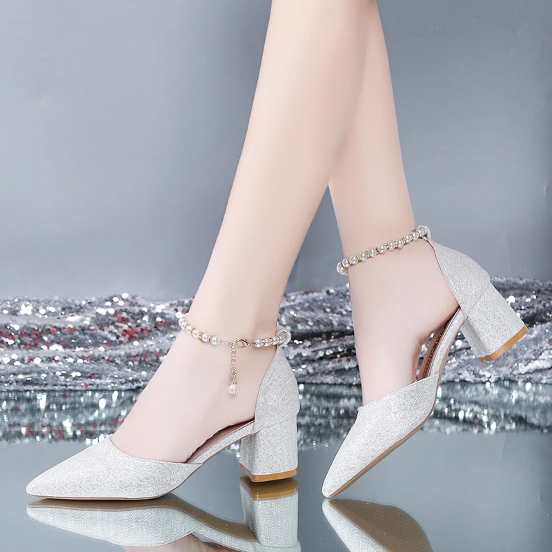 French Pearl Small High Heels Women 2022 New Summers Stiletto Heels Sandals Temperament Wedding Shoes Buckle Pointed Toe Shoes