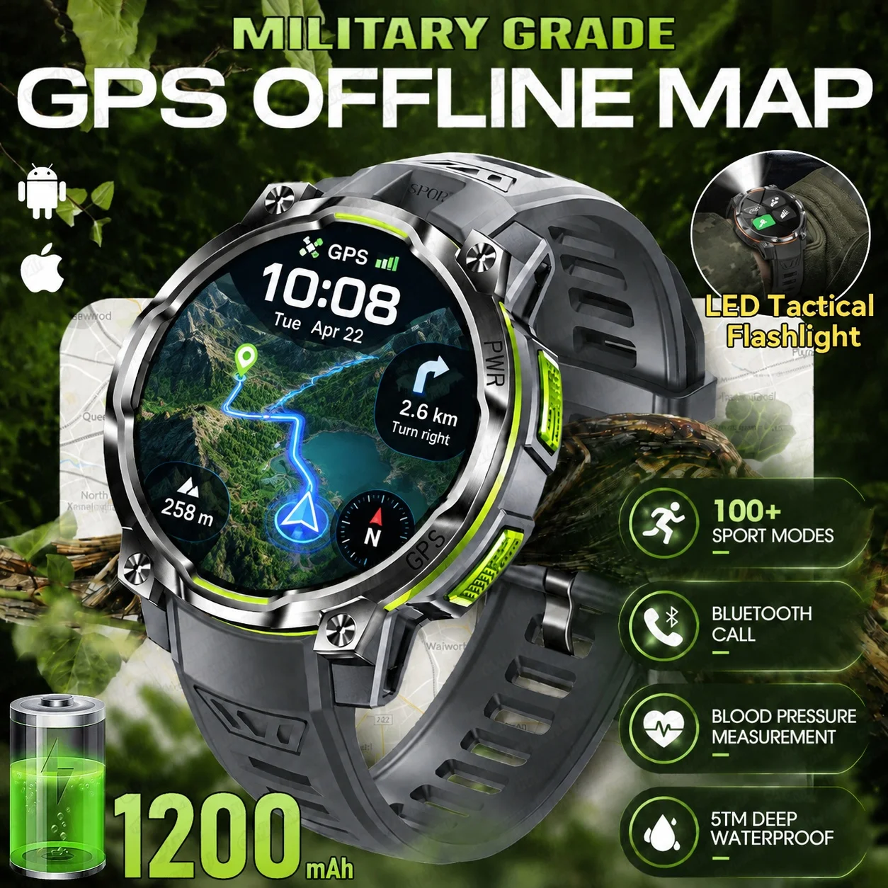 Neue 1,46 Zoll AMOLED Militärische Robuste Smartwatch GPS-Karte 5ATM Wasserdicht Blutdruck Anruf 1200mAh Akku Taschenlampe Armbanduhr für Herren