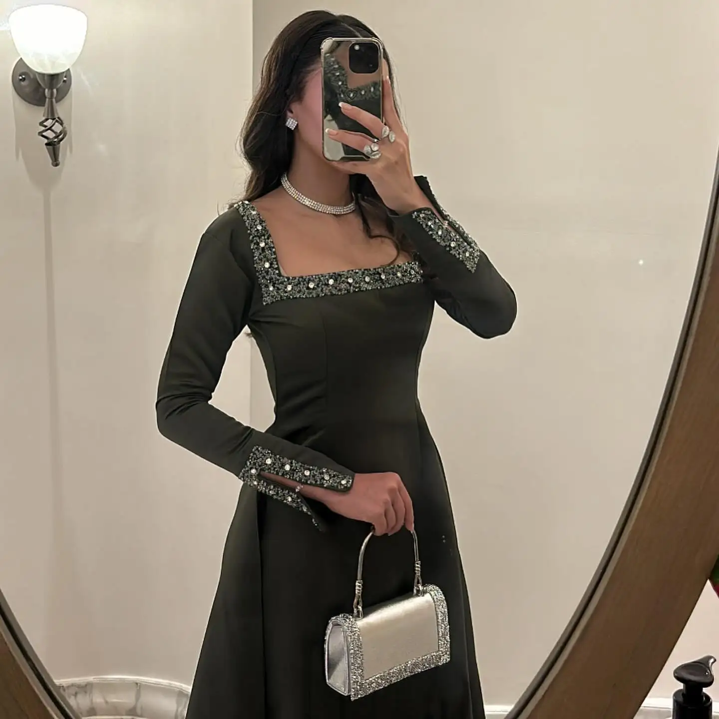 Jirocum Elegant Beaded Prom Dress Women Square Neck Long Sleeve customized Evening Gown Ankle Length Special Occasion Dresses