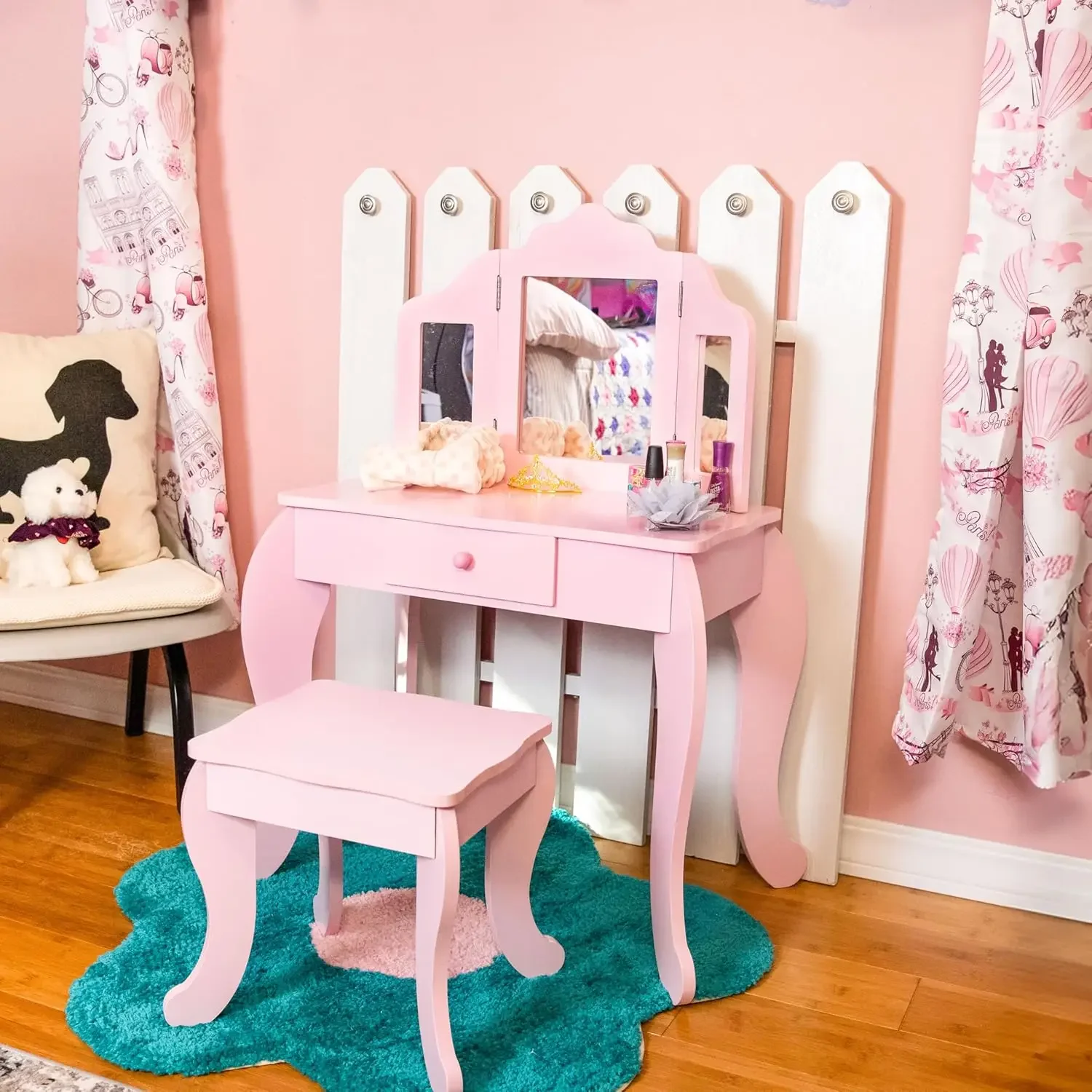 Beauty Bliss Wooden Pretend Play Vanity Set for Little Girls - Kids' Vanity Desk with Mirror, Drawer, and Stool - Pink