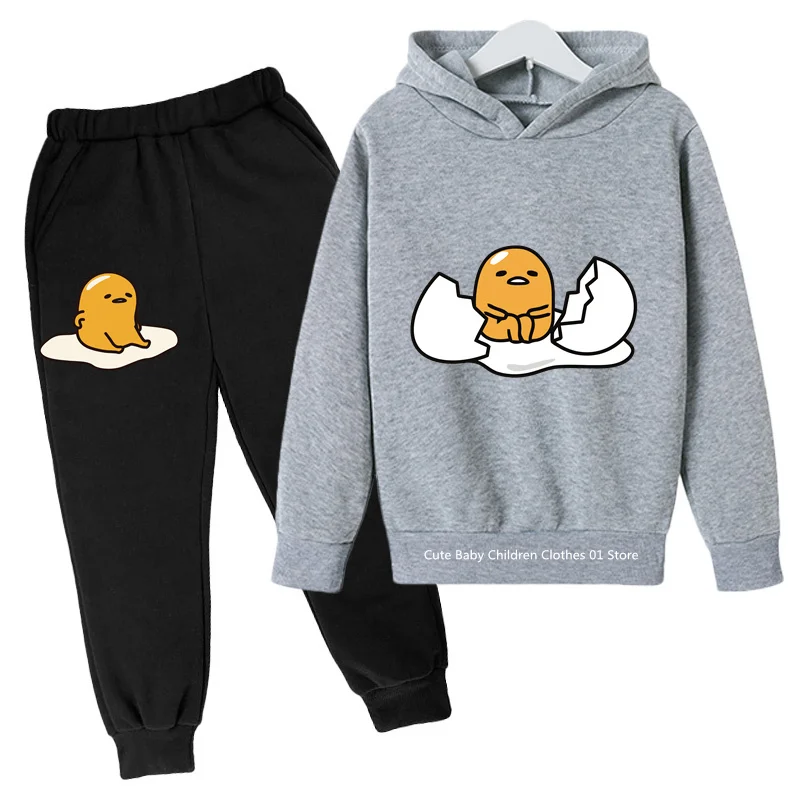 2024 Spring and Autumn children's cartoon Gudetama casual pullover hoodie set Boys girls students teenagers outdoor hoodie