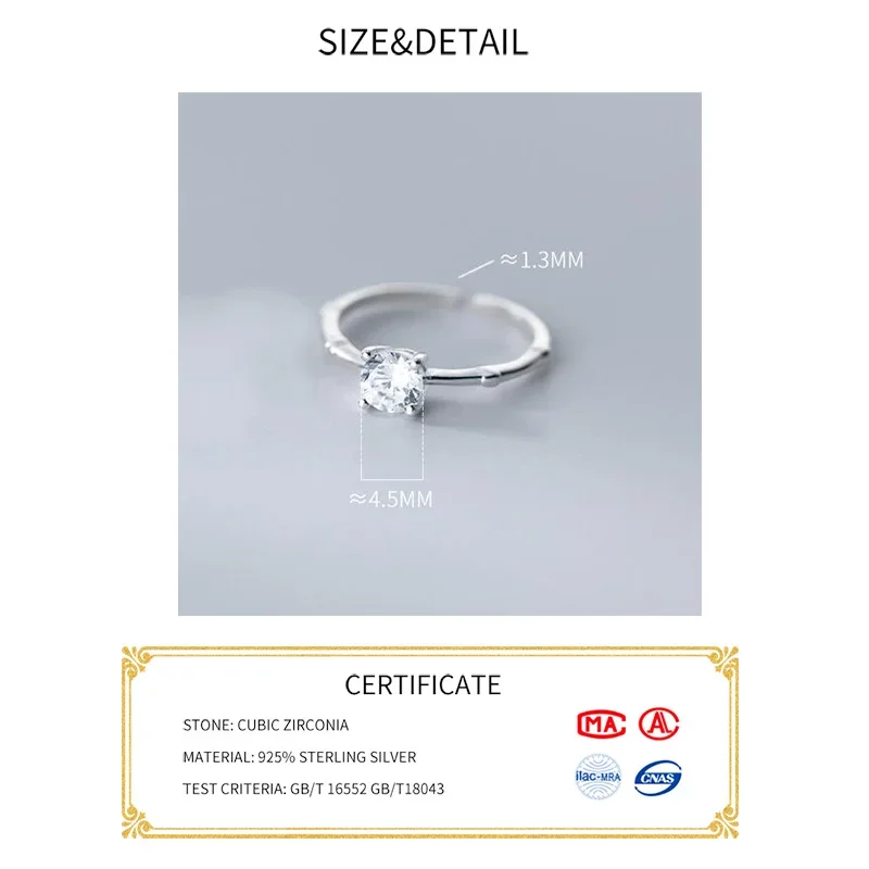 Real 925 Sterling Silver Single Round Zircon Opening Rings for Women Minimalist Classic Fine Jewelry Geometric Accessories image 2