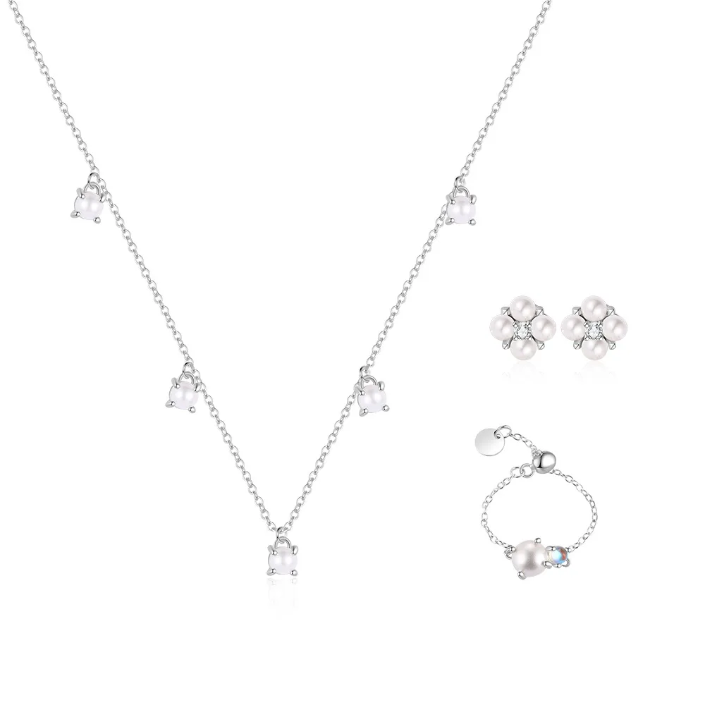 

S925 Sterling Silver Pearl Necklace Minimalist Temperament Ring Earrings Women's Jewelry Set