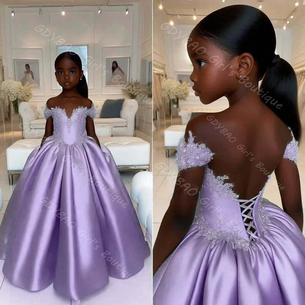 Blue Flower Girl Dress for Wedding 2-14 Kids Off Shoulder Appliqued Satin Ball Gown Corset Back Princess Birthday Dress Custom