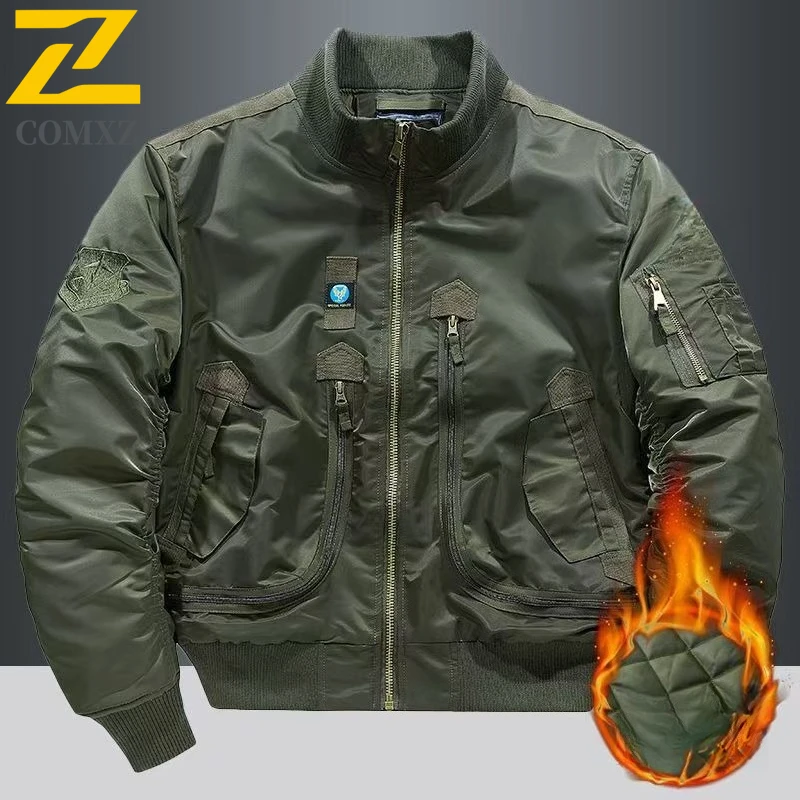 

Men Baseball Jacket Winter Thick Warm Multi Pocket Coat Stylish Casual Outerwear Windproof Fleece Lined Streetwear Fashion Coat