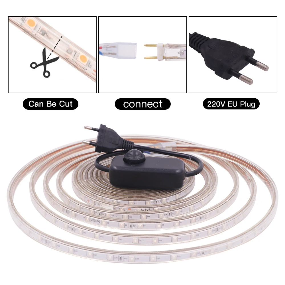 Sakelar ON/OFF AC 220V Lampu Strip LED Dapat Diredupkan 5050 60LED/M Merah Hijau Biru Putih Hangat Lampu Ruangan Tahan Air Steker UE Lampu Fleksibel