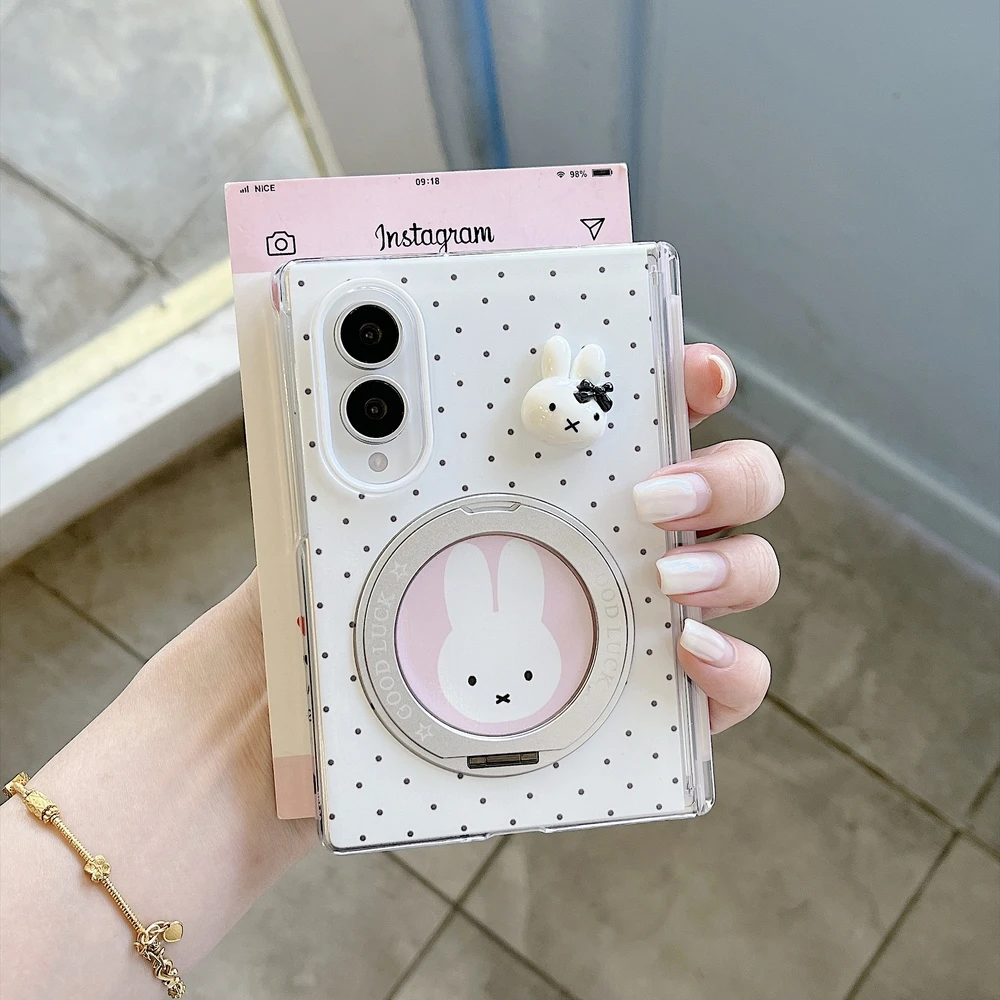 Kawaii Cute Cartoon Miffy Rabbit 360°Rotation Stand Holder Phone Case For Samsung Galaxy Z Fold 8 Hard Cover With Lanyard