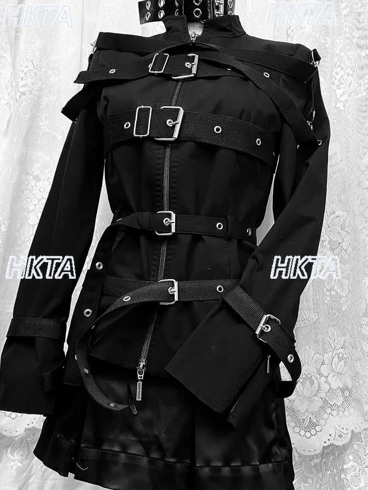 

Dark Vintage American Autumn Winter Stand Up Collar Long Sleeved Black Coat Subculture Y2k Goth Commuter Zipper Jackets Women