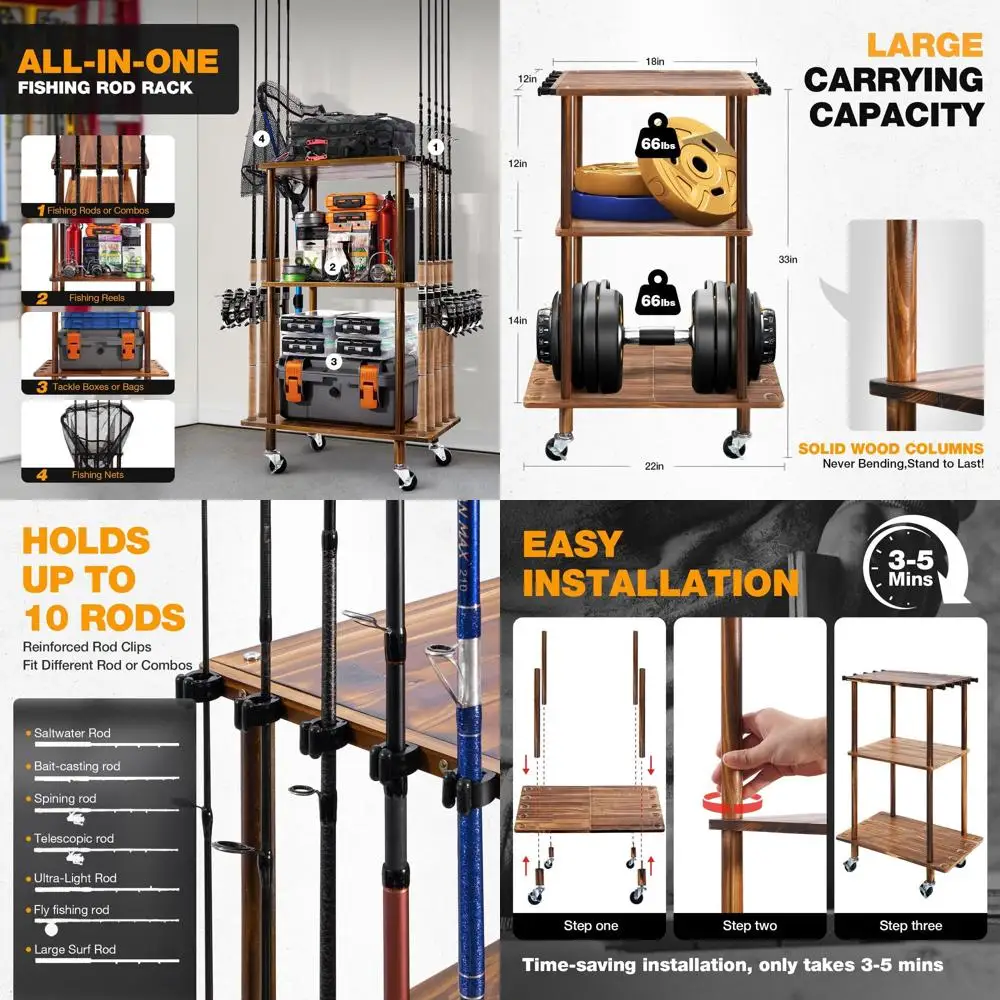 

Ghosthorn Fishing Rod Holders for Garage Fishing Pole Rack Hold up to 10 Rods Fishing Pole Holders Wooden Organizer Fishing Rod