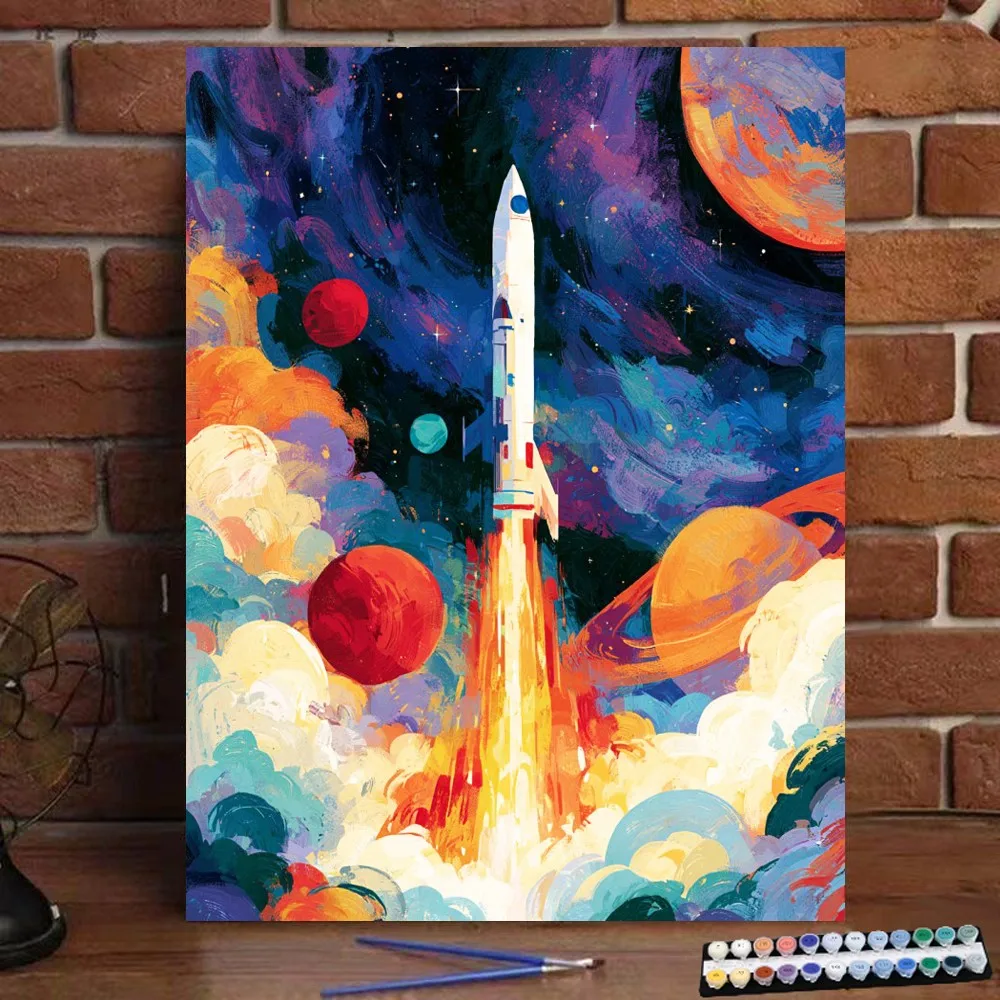Painting by Numbers Colored Planet Rocket Digital Painting Handmade Adult Children Gift Wall Decoration D
