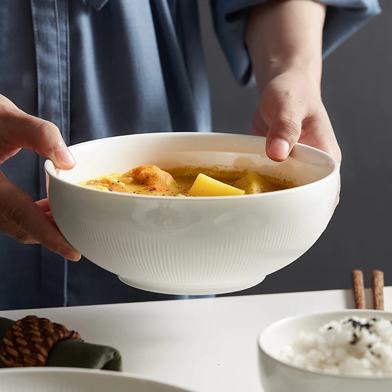 

Очень большая круглая суповая миска из белого фарфора, простой дизайн, для домашнего использования, высококачественная посуда для сервировки стола