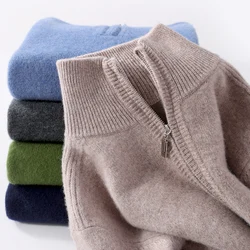 MVLYFLRT Autumn Winter Men's Zipper Flip Neck Sweater 100% Pure Wool Thickened Pullover Business Casual Knitted Shirt Warm