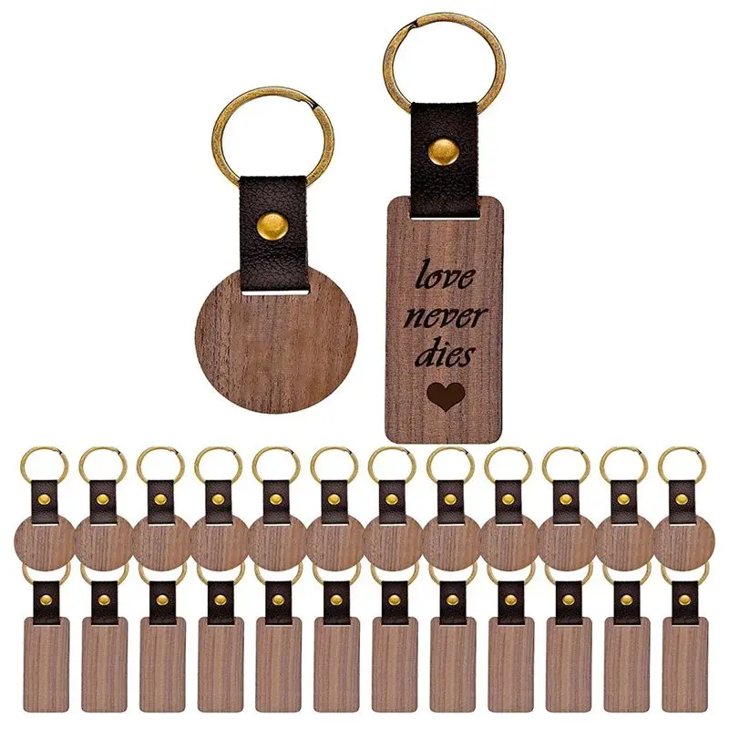 AEE8-26 Pcs Leather Wood Keychain Blanks, Rectangle And Round Blank Wood Engraving Keychain With Leather Strap,For DIY