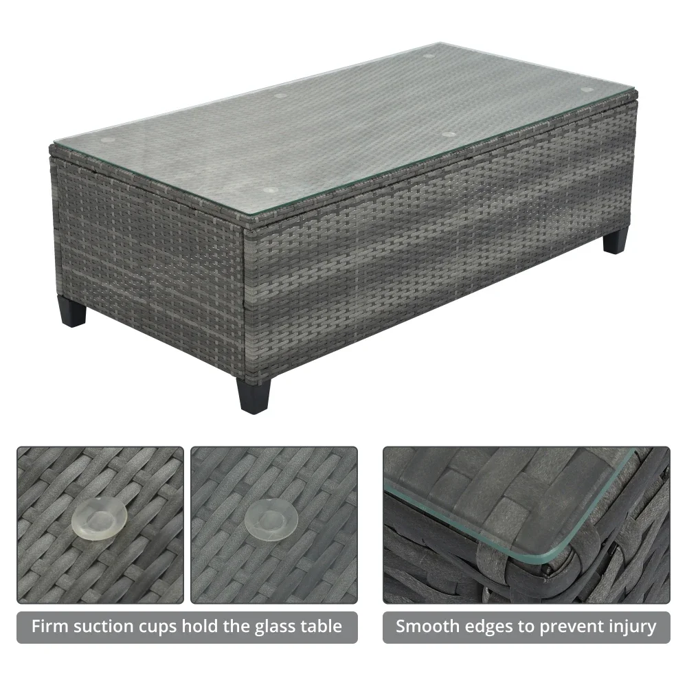 Outdoor half moon willow combination all-weather sofa set with rectangular coffee table, movable cushion,  Beige