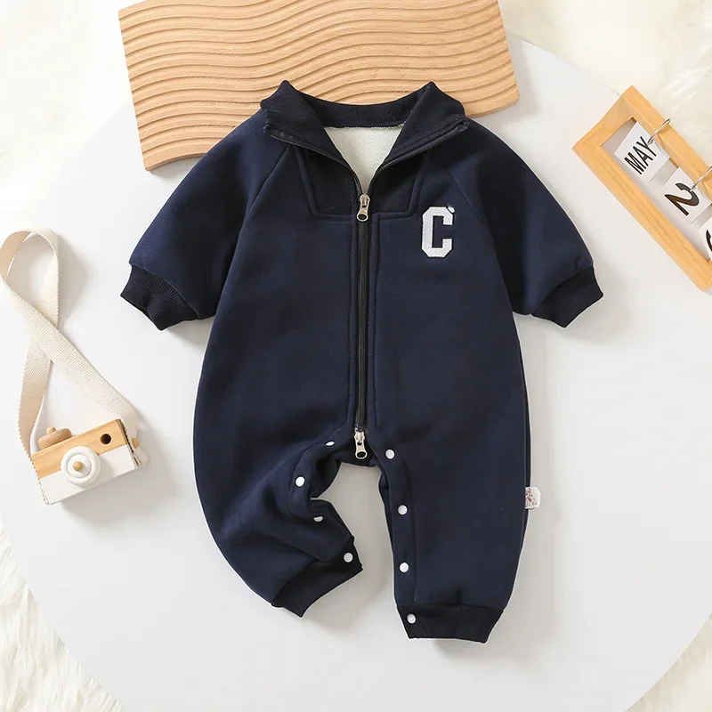 Baby Clothes Newborn Thick Jumpsuit 0-2 Y 2024 Autumn New Boys Fur Lining Sporty Romper Toddler Outdoor One Piece