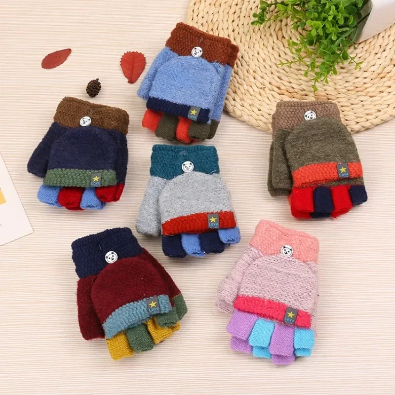 

7-15 Years Old Autumn and Winter Cute Children's Woolen Gloves Student Thickened Warm Gloves Knitted Half Finger Flap Gloves