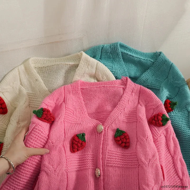 Korean Fashion Pink Strawberry Sweaters for Women Autumn Winter 2023 Long Sleeve Knitted Woman Cardigan Single Breasted Jackets