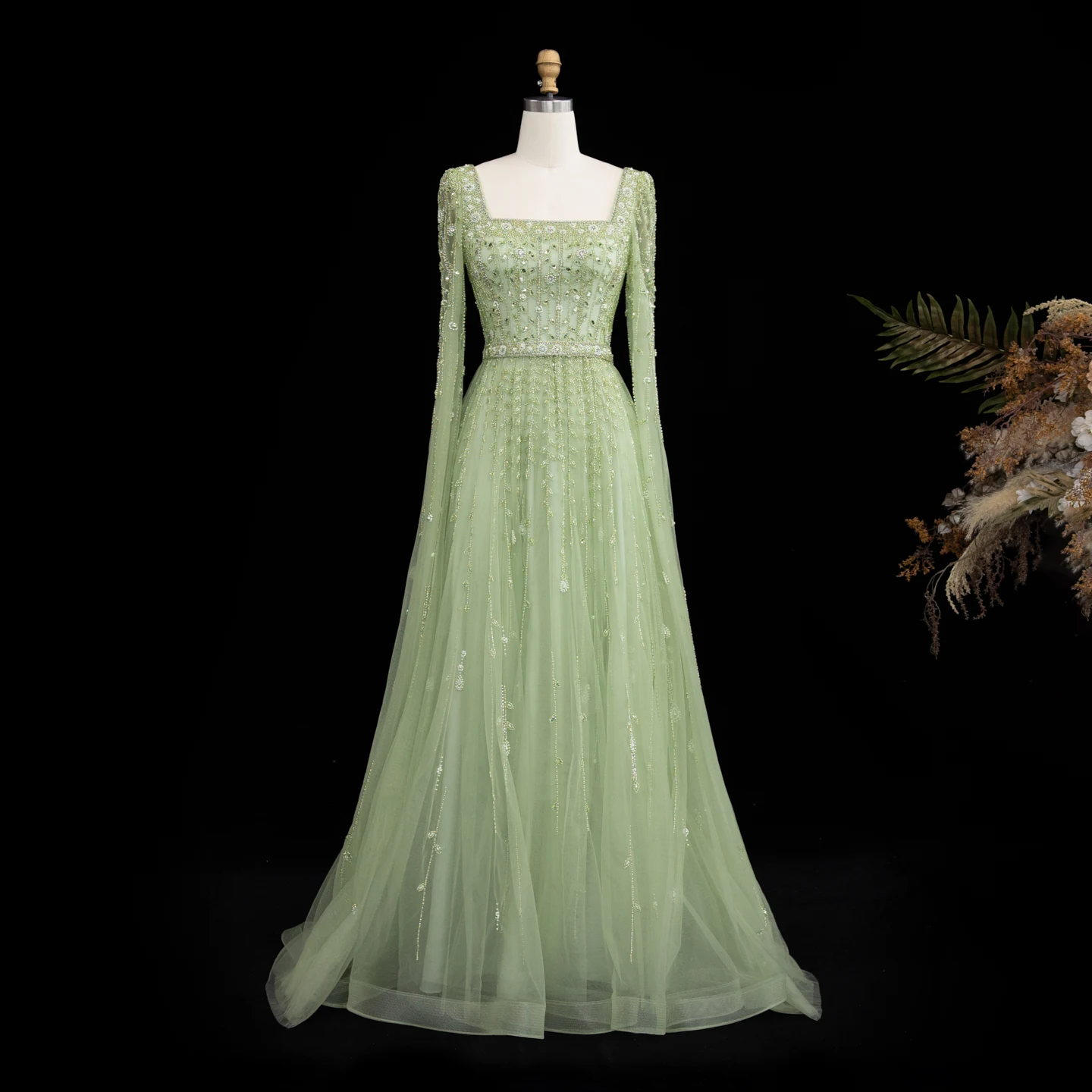 Sharon Said Luxuriöses Flieder-Champagner-Abendkleid mit Quadratischem Ausschnitt und Ärmeln, Rosa Muslimisches Abendkleid für Hochzeitsfeier, SS494 Maßanfertigung – Detail 10