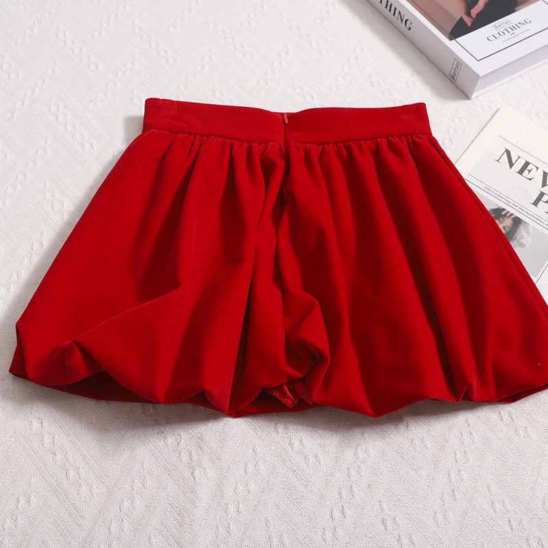 Kimotimo Fashion Velvet Lantern Skirt Shorts Women 2025 Spring High Waist Pleated A Line Mini Skirts Sweet Solid Party Faldas