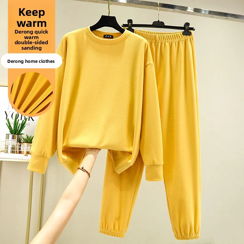 

Thiened Fce Warm Sportswear Set round Ne Casual Outfit Large Size Slimming Two-Piece Suit Pure Color Home Comfortable