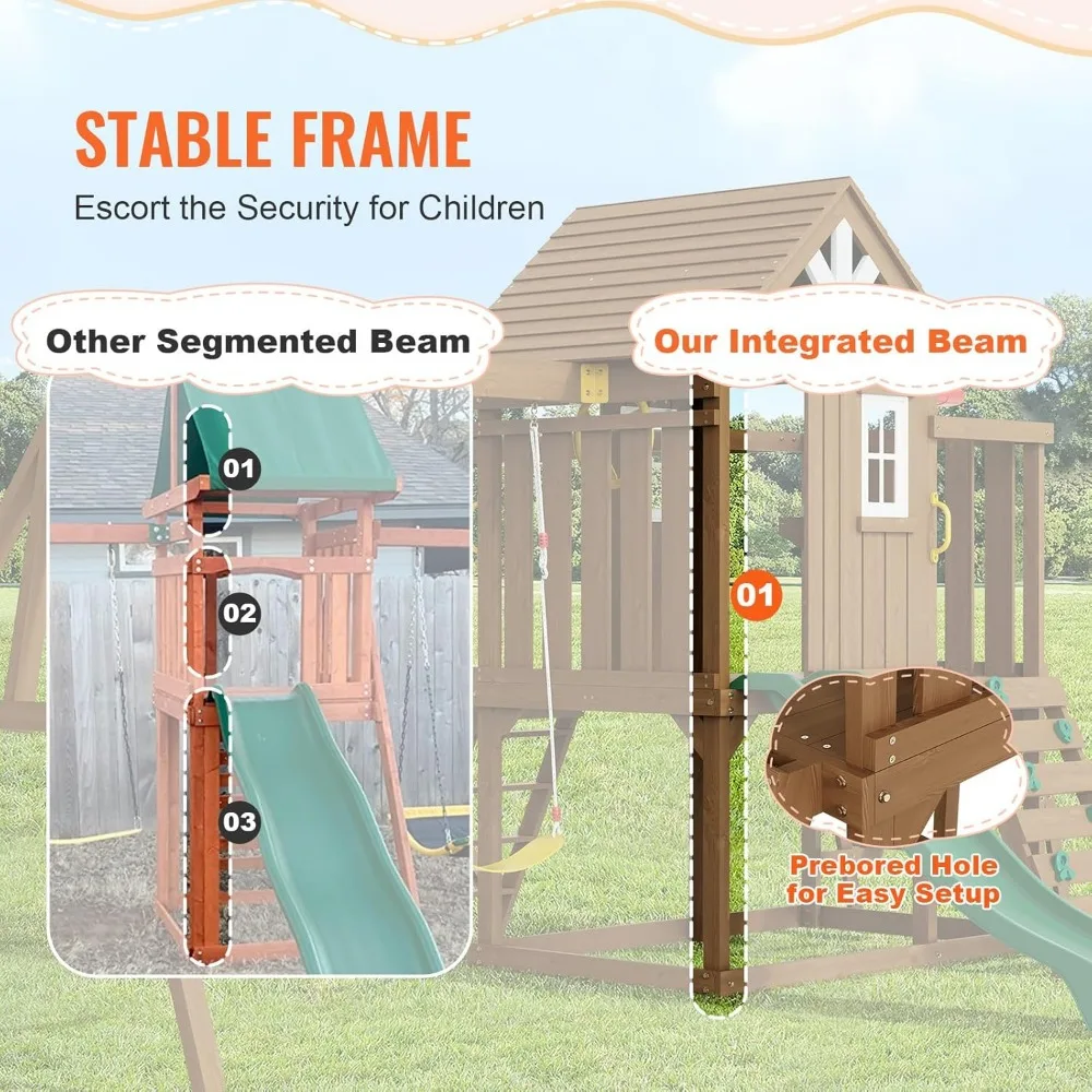 Playground Sets, 2 Swings, Trapeze Bar, 6FT Slide, Flat Step Ladder, Rock Wall, Picnic Table, Sandbox, Scaling Ladder, Swing Set