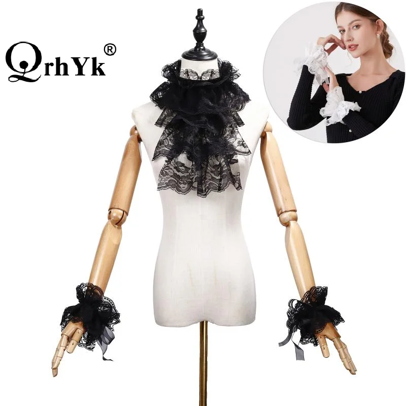 Elegant Lace Jabot Collar Detachable Hollow Design Wrist Cuffs Victorian Style Cosplay Accessory For Women Party Costume