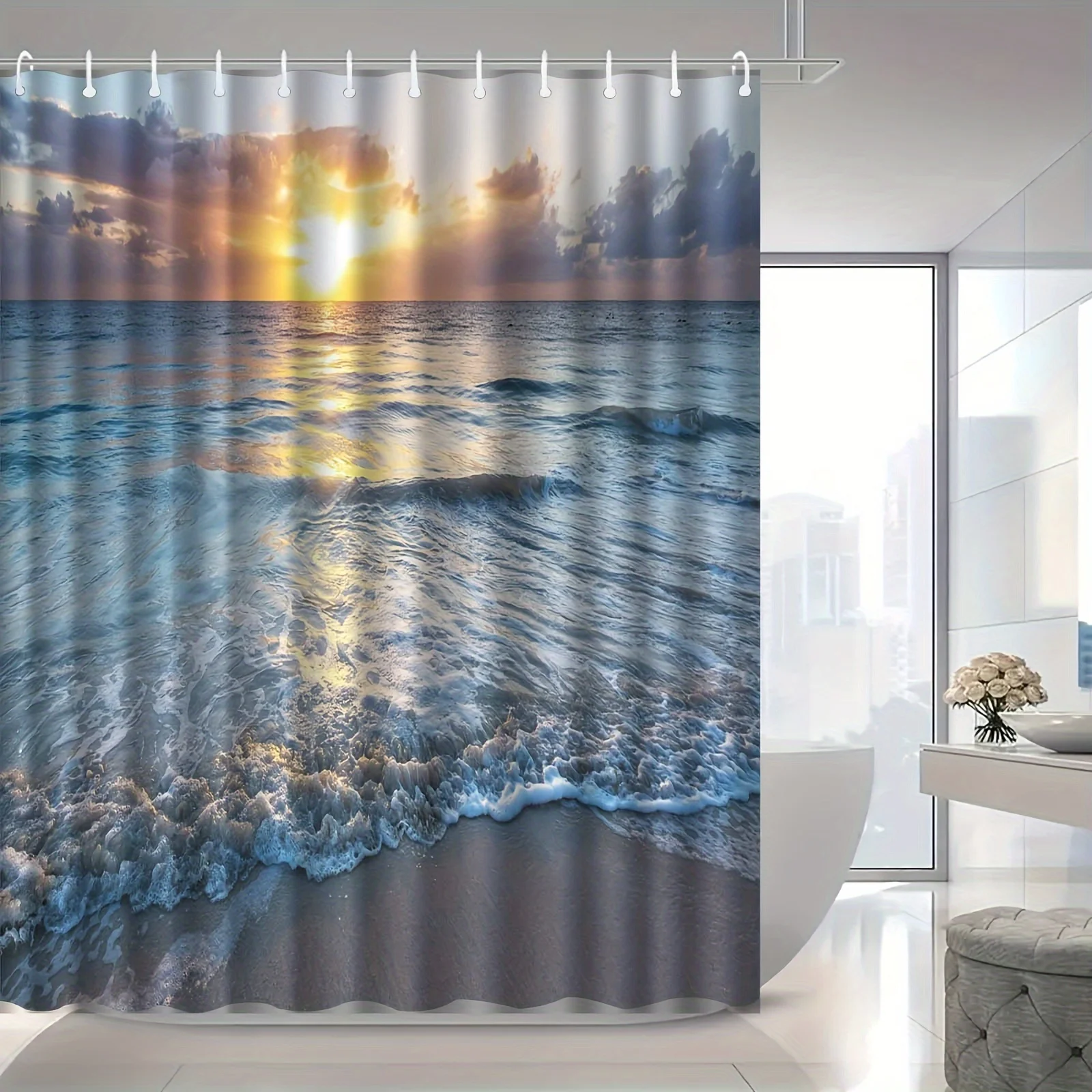 Jit1pc Beautiful Romantic Ocean Beach Shower Curtain, High-End Elegant And Fog-Resistant Bathroom Curtain, Multifunctional Curta