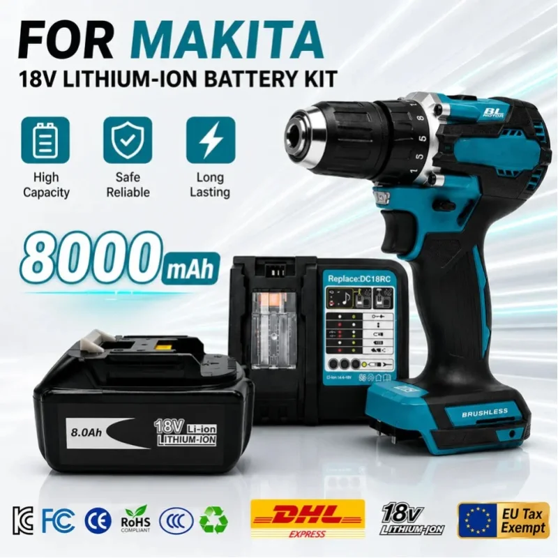 BL1860B 18V 8000mAh Lithium-Ionen-Akku Universal-Ladegerät Kabelloser Elektrobohrer DDF487 Ersatzteile für Makita 18V Elektrowerkzeuge