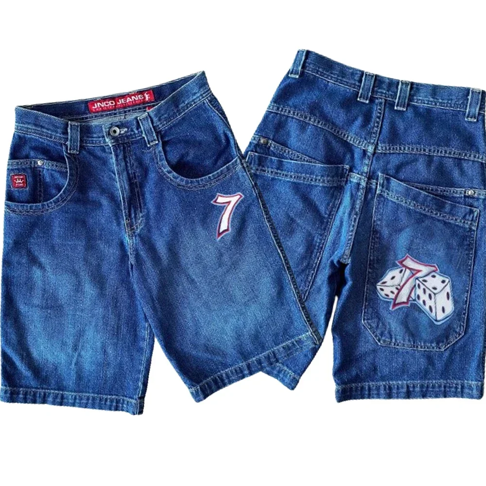 Hip Hop Lucky 7 Dice Graphic Y2K Pants Harajuku JNCO Shorts Retro Blue Baggy Denim Gym Shorts Gothic Mens Basketball Short