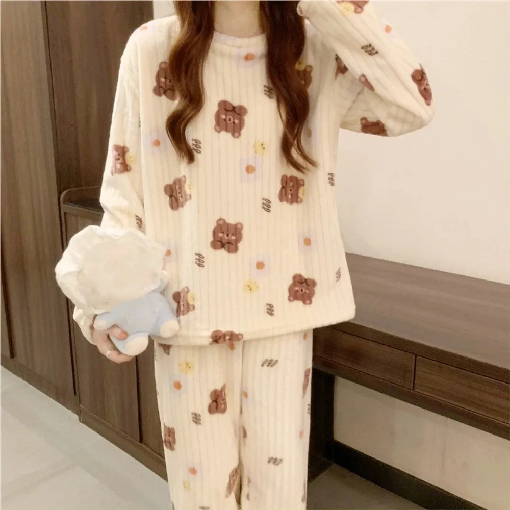 

Sweet Cute Bear Velvet Sleepwear Set Flower Long Sleeve Pajama Suit Nightwear Peach Winter Thick Warm Pajamas Female