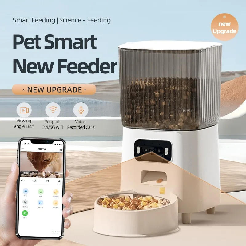 

5L Smart Pet Feeder with HD Camera, WiFi Automatic Food Dispenser, Dual Stainless Steel Bowls, App Control, Voice Recorder,