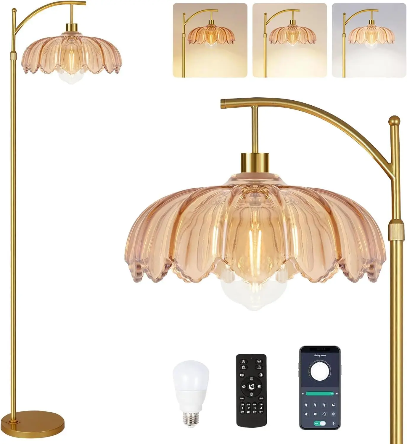 MidCenturyModern GoldTone ArcStyle Tall Standing Floor Lamp, Glass Lampshades, RemoteControl, 3 ColorTemperature Modes, VintageStyle Lamp for LivingRoom & Bedroom