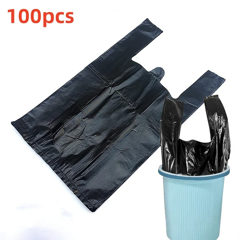 Bolsa de plástico para chaleco negro, bolsa de almacenamiento de basura limpia para cocina y sala de estar, embalaje de compras para llevar, bolsa con asa, 100 Uds.