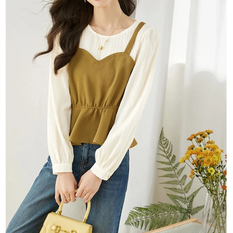 التباين كم طويل الكشكشة وهمية قطعتين مزاجه بلوزة ربيع الخريف قميص أنيق بلايز موضة مكتب النساء الملابس #2