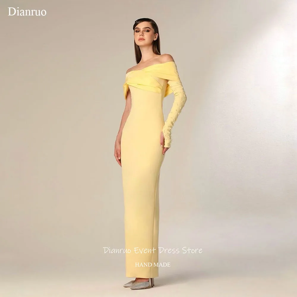 

Dianruo Pastel Yellow Straight Evening Dresses Asymmetric Sleeves Off Shoulder Party Gowns Satin 2025 Prom Dresses Customized