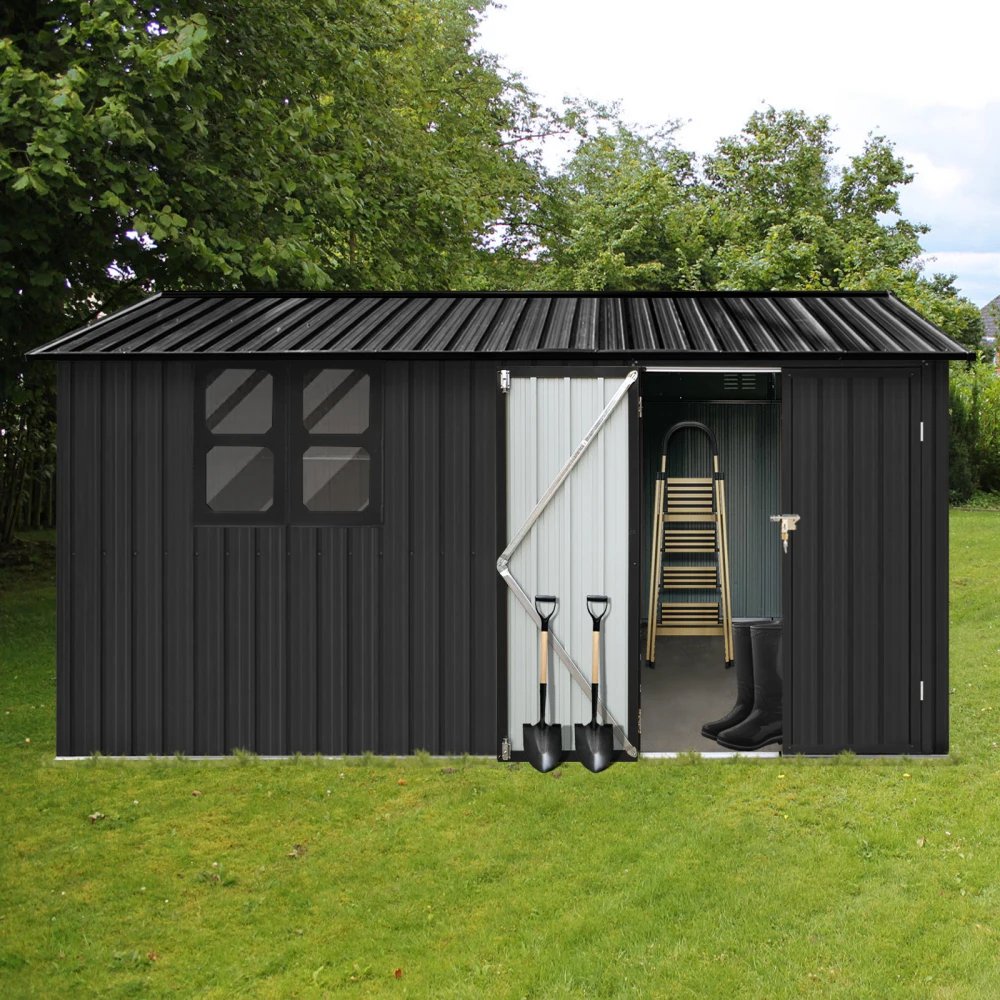 

12x10 FT Outdoor Storage Clearance Metal Garden Shed with Updated Frame Structure Windows and Lockabl Patio Furniture Set