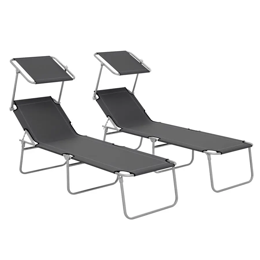 Outdoor Foldable Sun Lounger Set of 2, 4 Level Adjustable Backrest Reclining Sun Lounger Chair with Angle Adjust Sun Shade Awni
