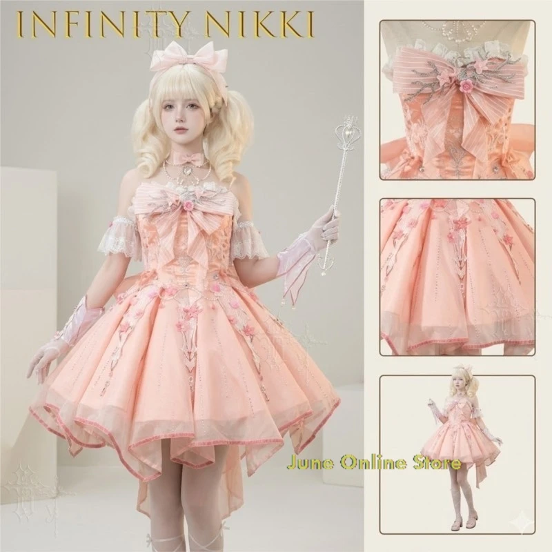 Anime Cosplay Costumes Infinity Nikki Pink Ribbon Waltz Sweet Lolita Sleeveless Rose Patch Lace Dress, Party view 5