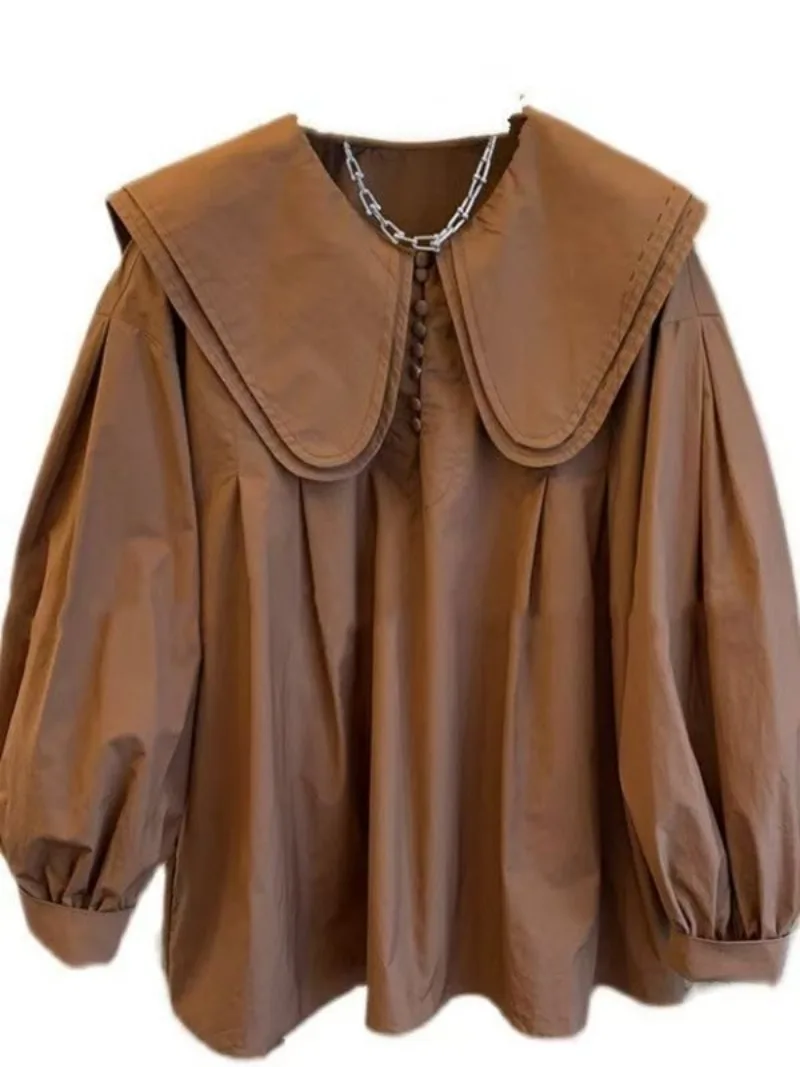 Tops holgados coreanos con cuello doble Peter Pan para mujer, camisas con mangas acampanadas, chaqueta, blusa informal para primavera y verano para niñas, novedad de 2025