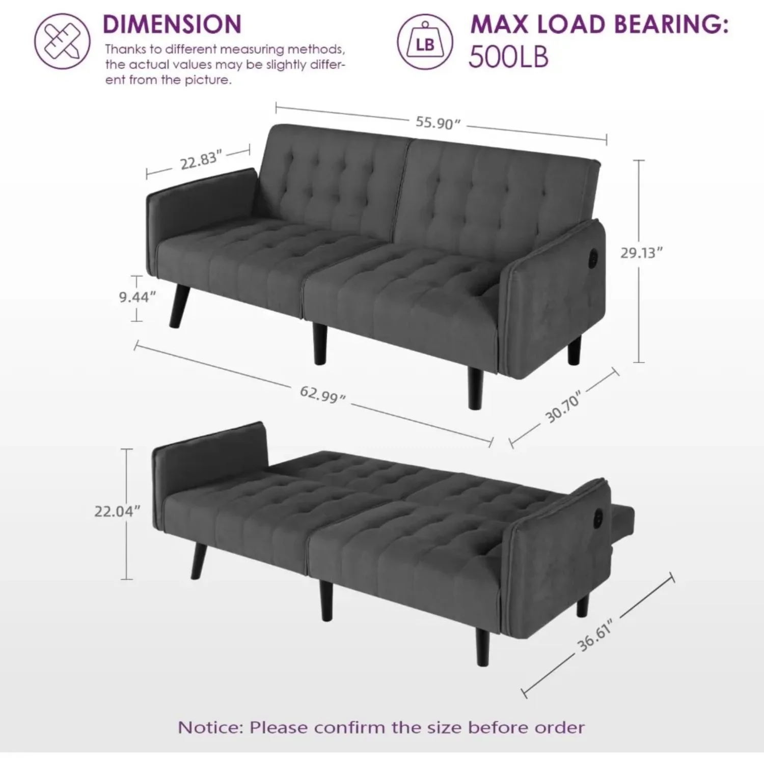 Divano letto futon convertibile da 65" con 2 USB, divanetto pieghevole regolabile piccolo capitonnè imbottito, divano letto della metà del secolo