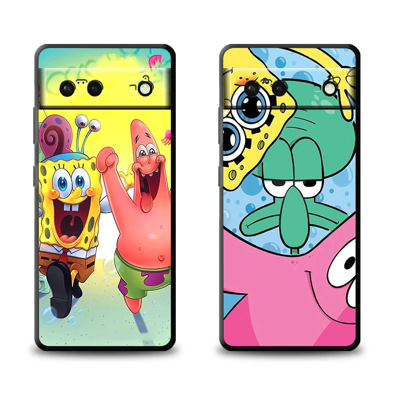 Cartoon SpongeBob SquarePants for Google Pixel 8 7 6 Pro 6a 5 5a 4 4a XL Pro 4G 5G Silicone Soft TPU Black Phone Case Cover