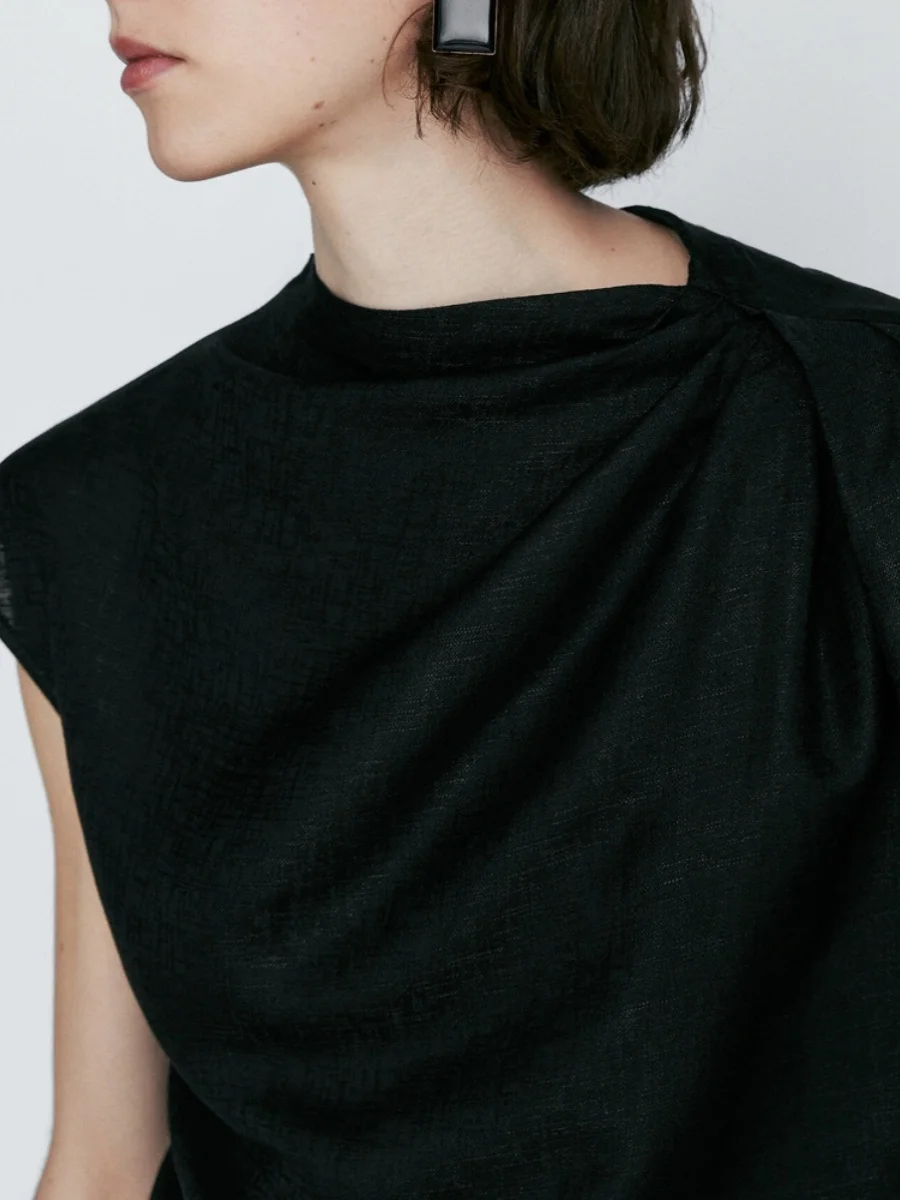 Ele Damska bluzka na lato 2024, nowość, z drapowaniem na ramionach, zwiewna, do pracy, z okrągłym dekoltem, regularny krój.