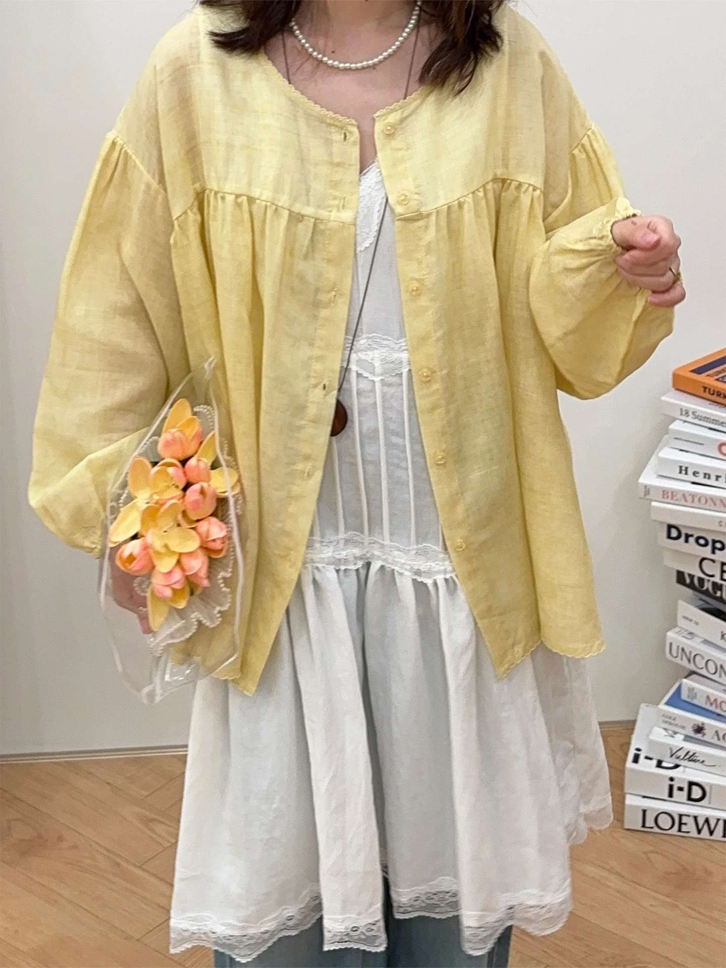 

Early Spring Versatile Hemp Doll Shirt Water Bottle Scorpion 3199 Commute Style Korean Loose Fit Long Sleeve round Neck Butto...