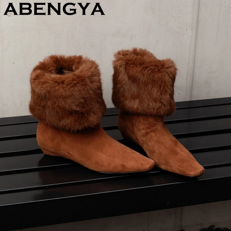 2026 Winter Warm Wool Snow Boots Women Suede Leather Mid-Calf Boots Low Heels Fur Boots Fashion Square Toe Short Botas Mujer