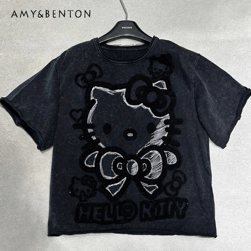 

Spring Summer Heavy Craft Design Cartoon Bow Short Sleeves T-shirt For Women's Loose Casual Versatile Half Sleeved Top Tshirts
