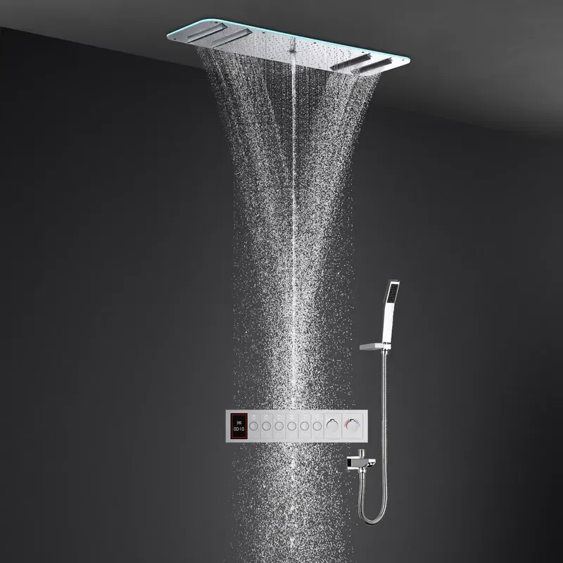 900x300mm Contemporary Brass Stainless Steel Thermostatic Shower Head Set Jet Rain Waterfall Spray Wall Mount 5-Year Warranty
