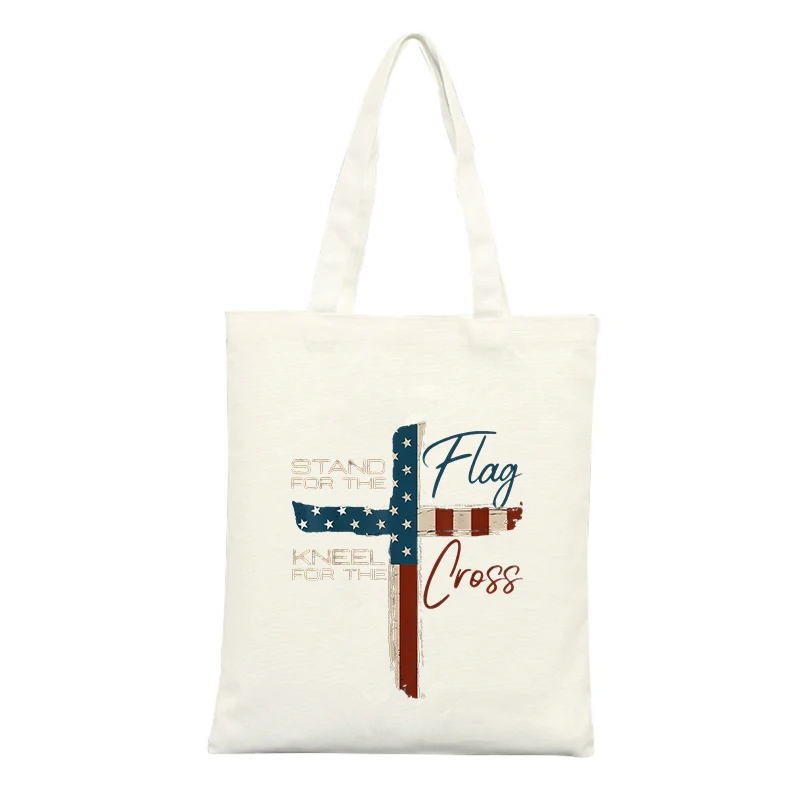 Canvas Tote Bag with Cross and Flag Graphic, Vintage Style for Casual Shopping and Daily Use